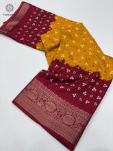 Load image into Gallery viewer, New Wedding Wear Yellow n Maroon Color Dola Silk Jacquard Zari n Print Work Fancy Designer Saree With Blouse
