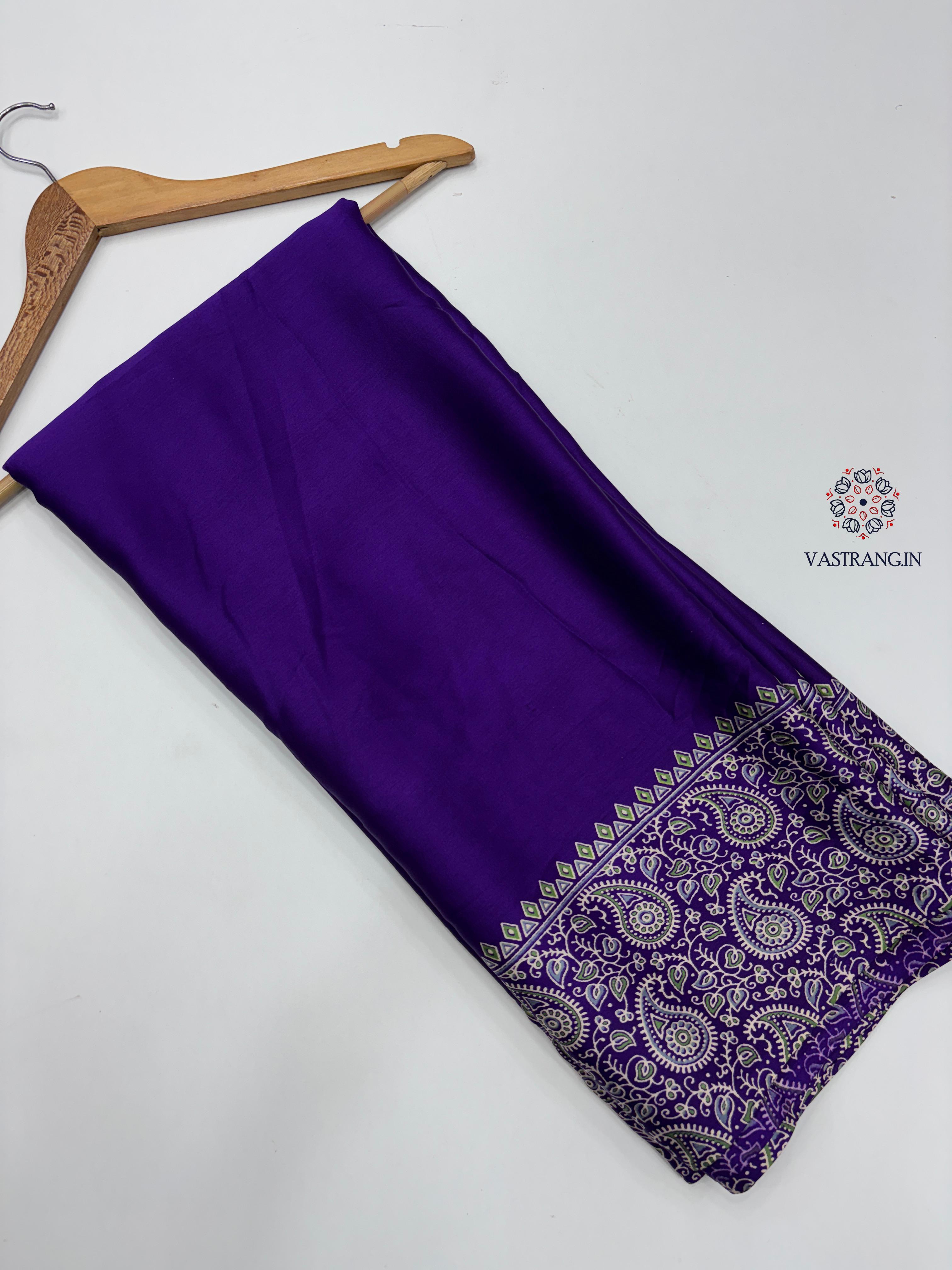 New Function Wear Purple Color Pure Satin Silk Ajrak Printed Rich Pallu n Tussles Work Fancy Designer Saree