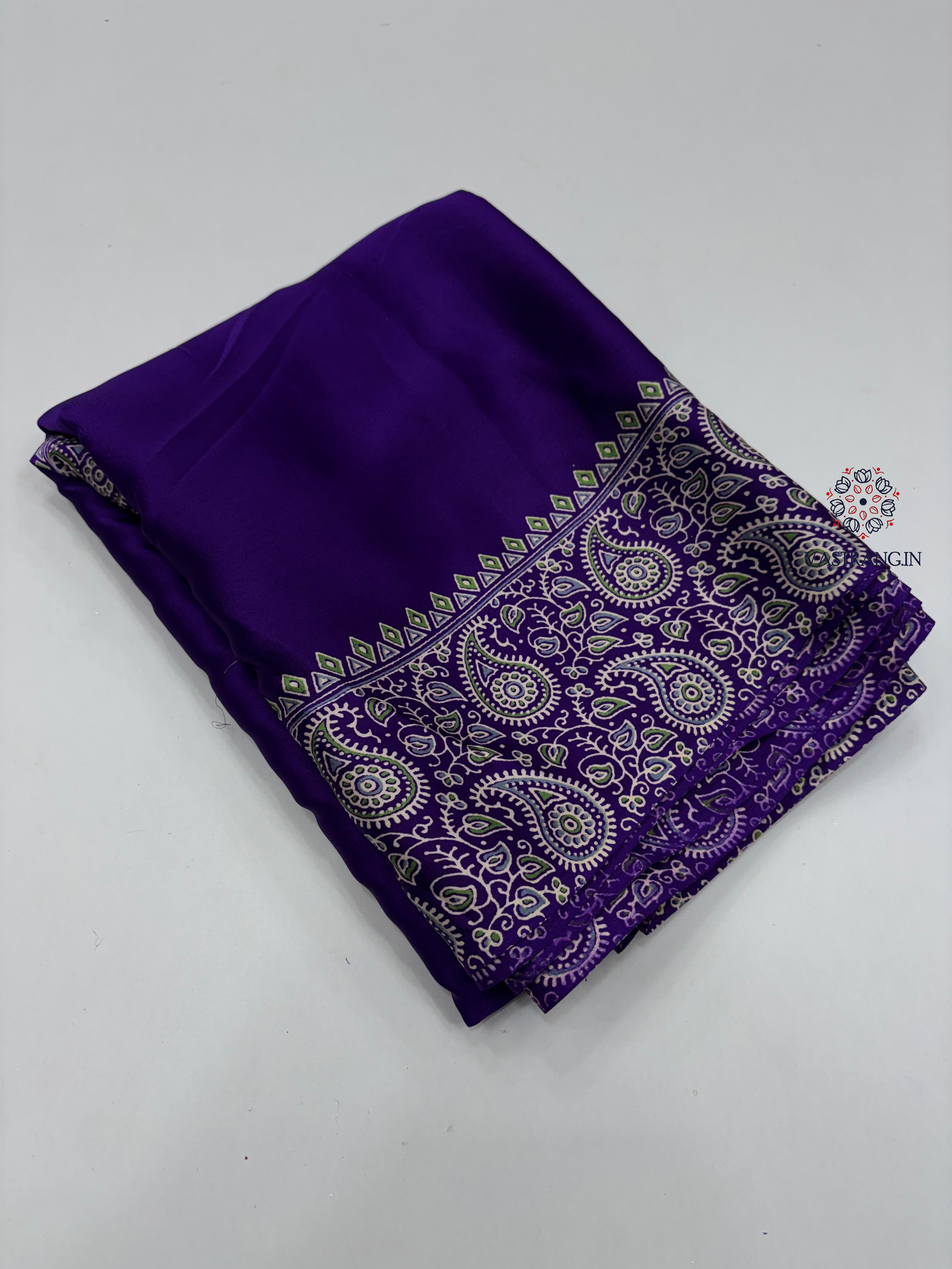 New Function Wear Purple Color Pure Satin Silk Ajrak Printed Rich Pallu n Tussles Work Fancy Designer Saree
