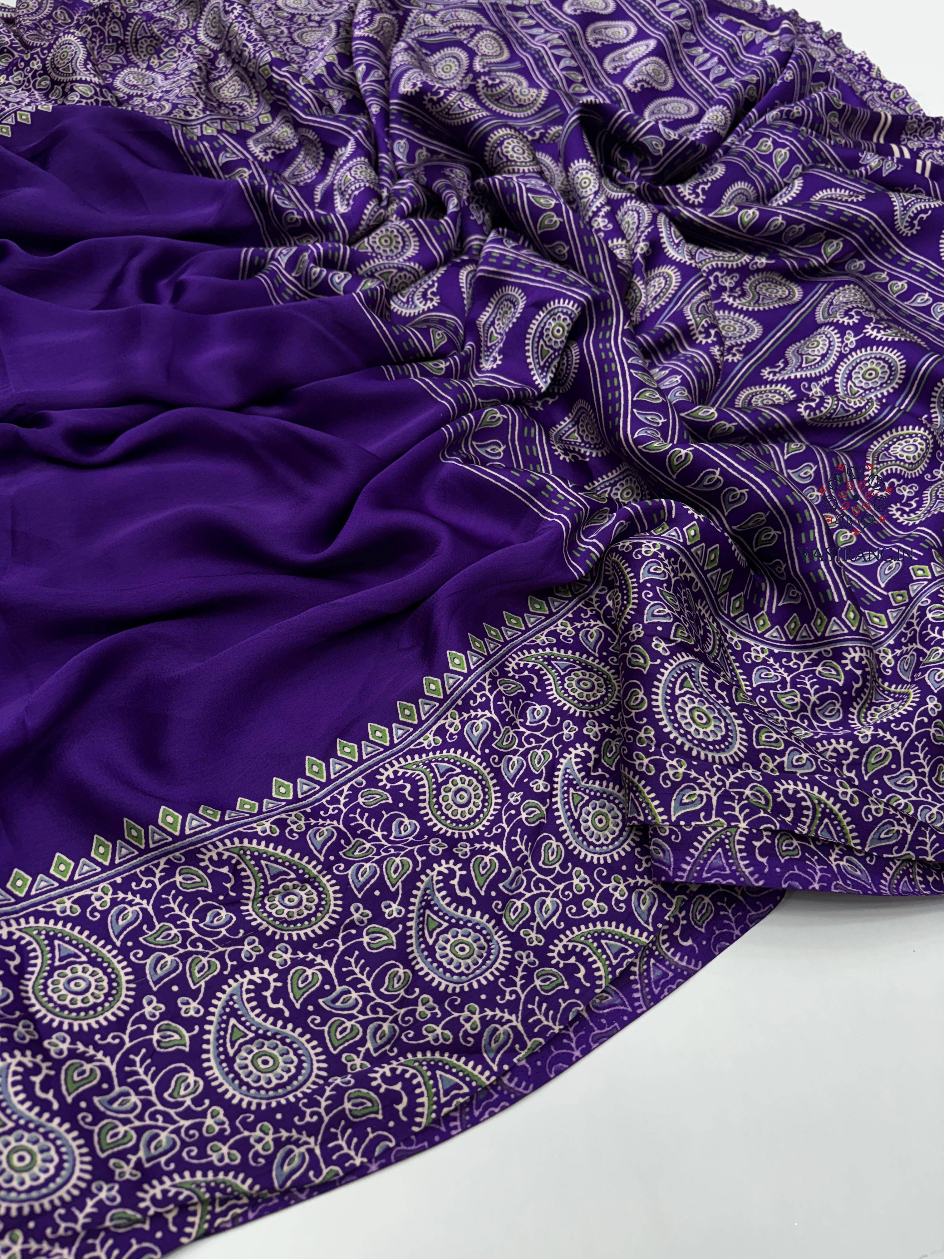 New Function Wear Purple Color Pure Satin Silk Ajrak Printed Rich Pallu n Tussles Work Fancy Designer Saree