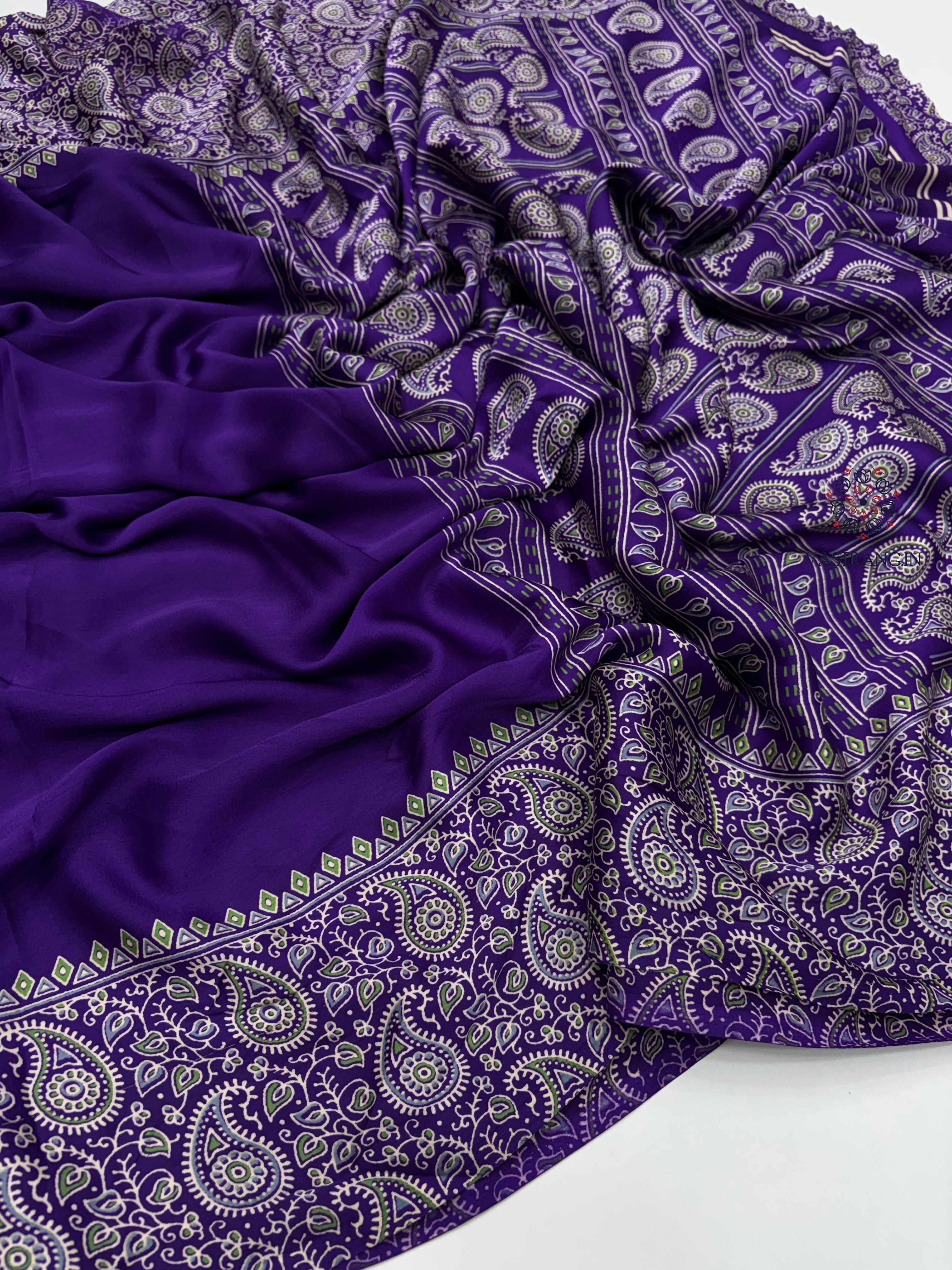 New Function Wear Purple Color Pure Satin Silk Ajrak Printed Rich Pallu n Tussles Work Fancy Designer Saree