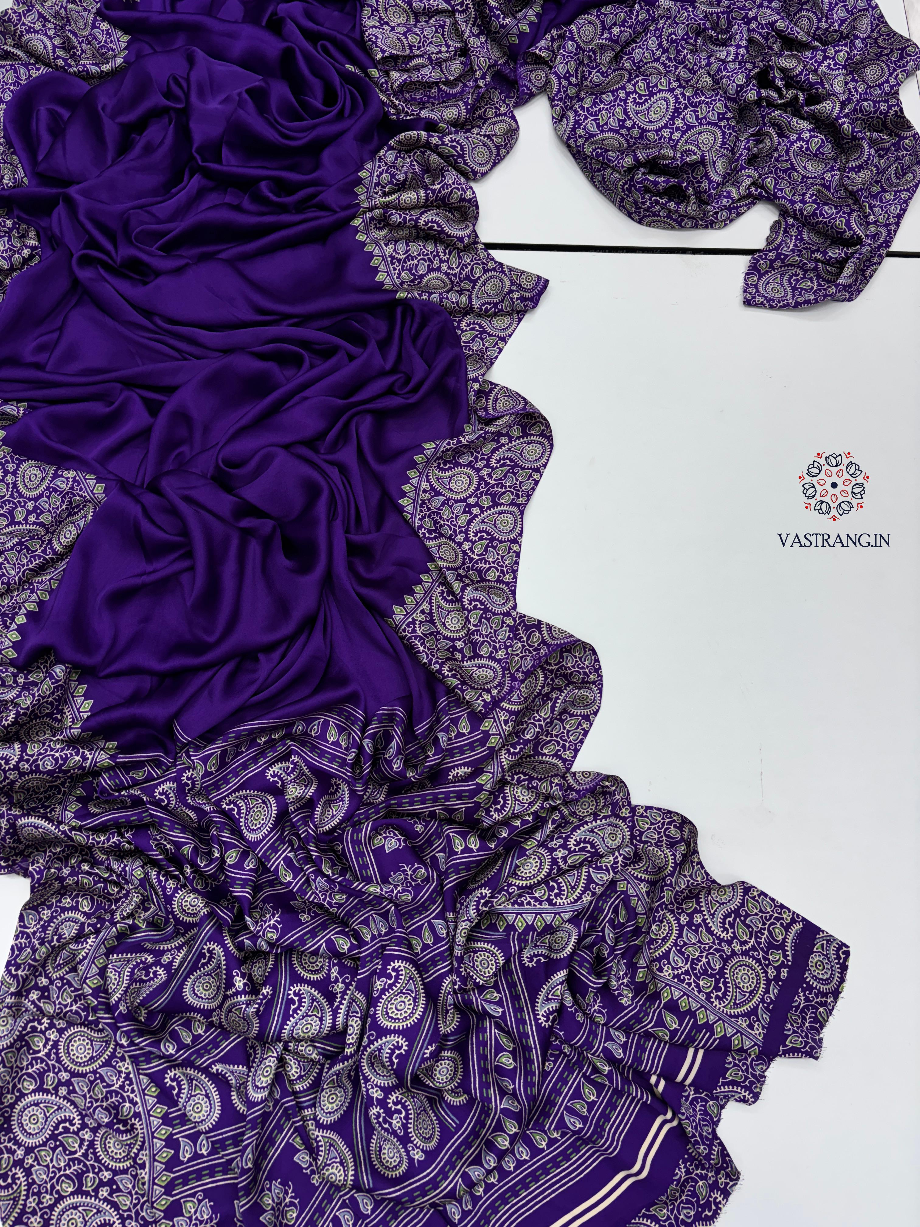 New Function Wear Purple Color Pure Satin Silk Ajrak Printed Rich Pallu n Tussles Work Fancy Designer Saree