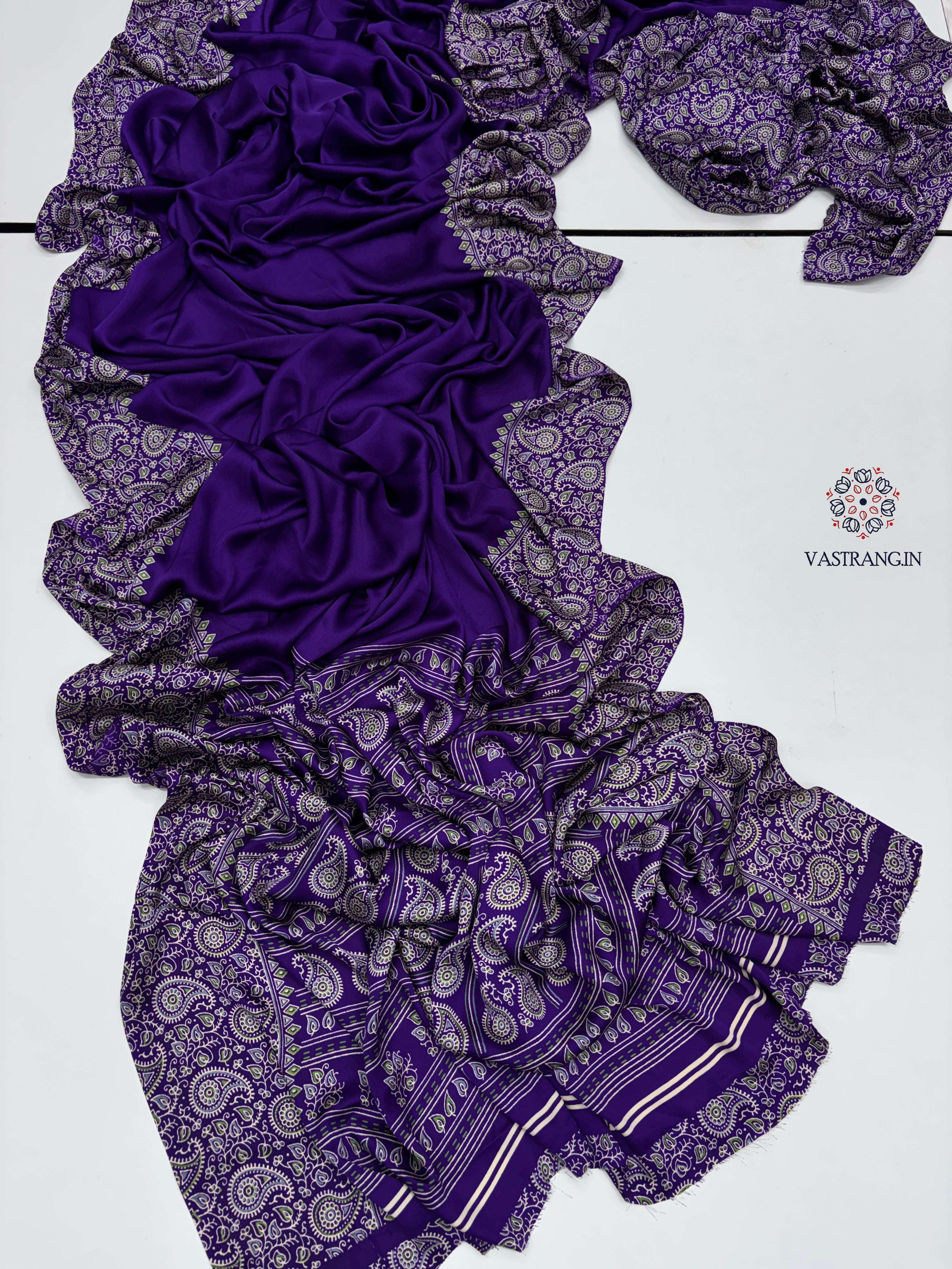 New Function Wear Purple Color Pure Satin Silk Ajrak Printed Rich Pallu n Tussles Work Fancy Designer Saree