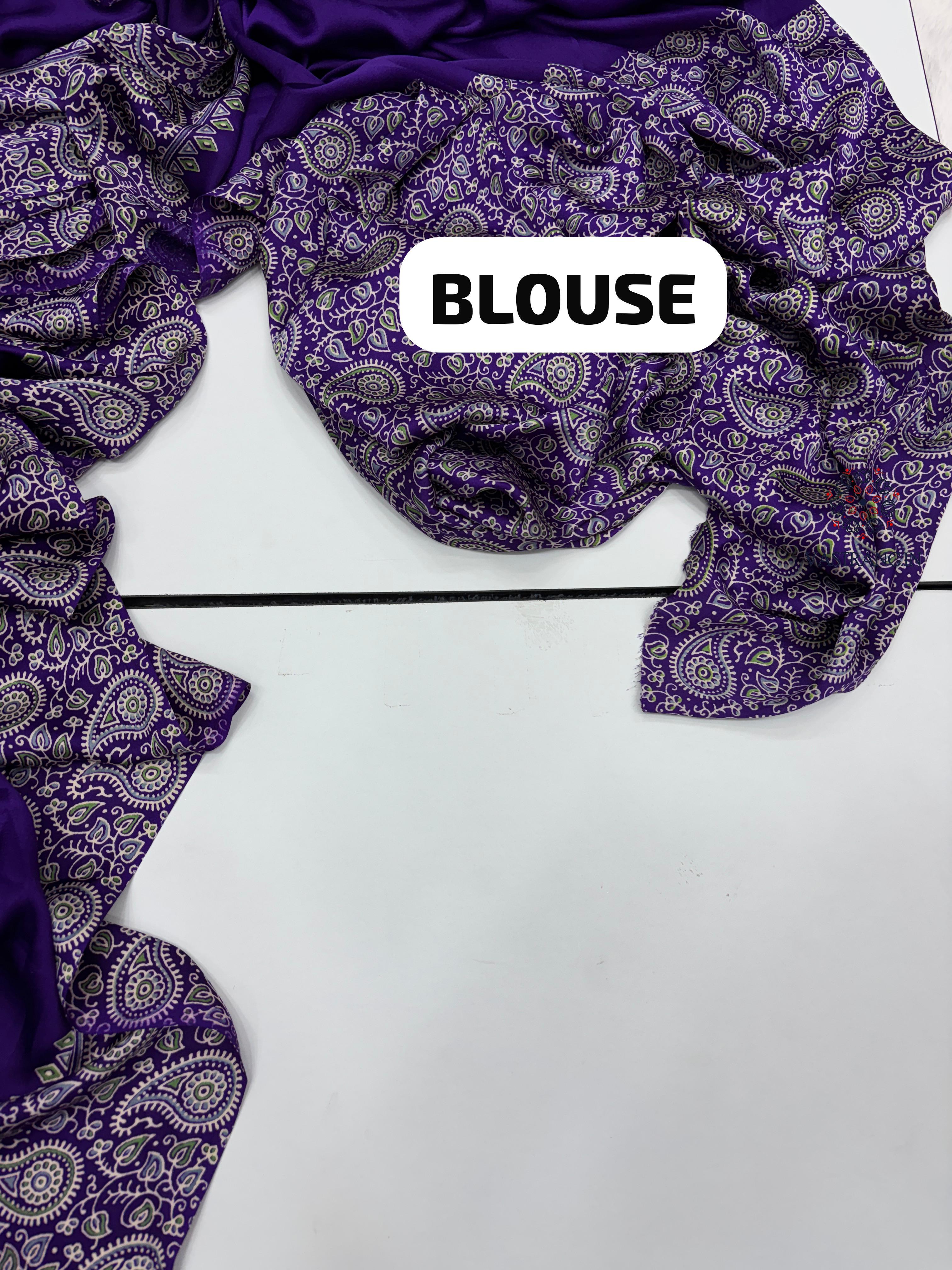 New Function Wear Purple Color Pure Satin Silk Ajrak Printed Rich Pallu n Tussles Work Fancy Designer Saree