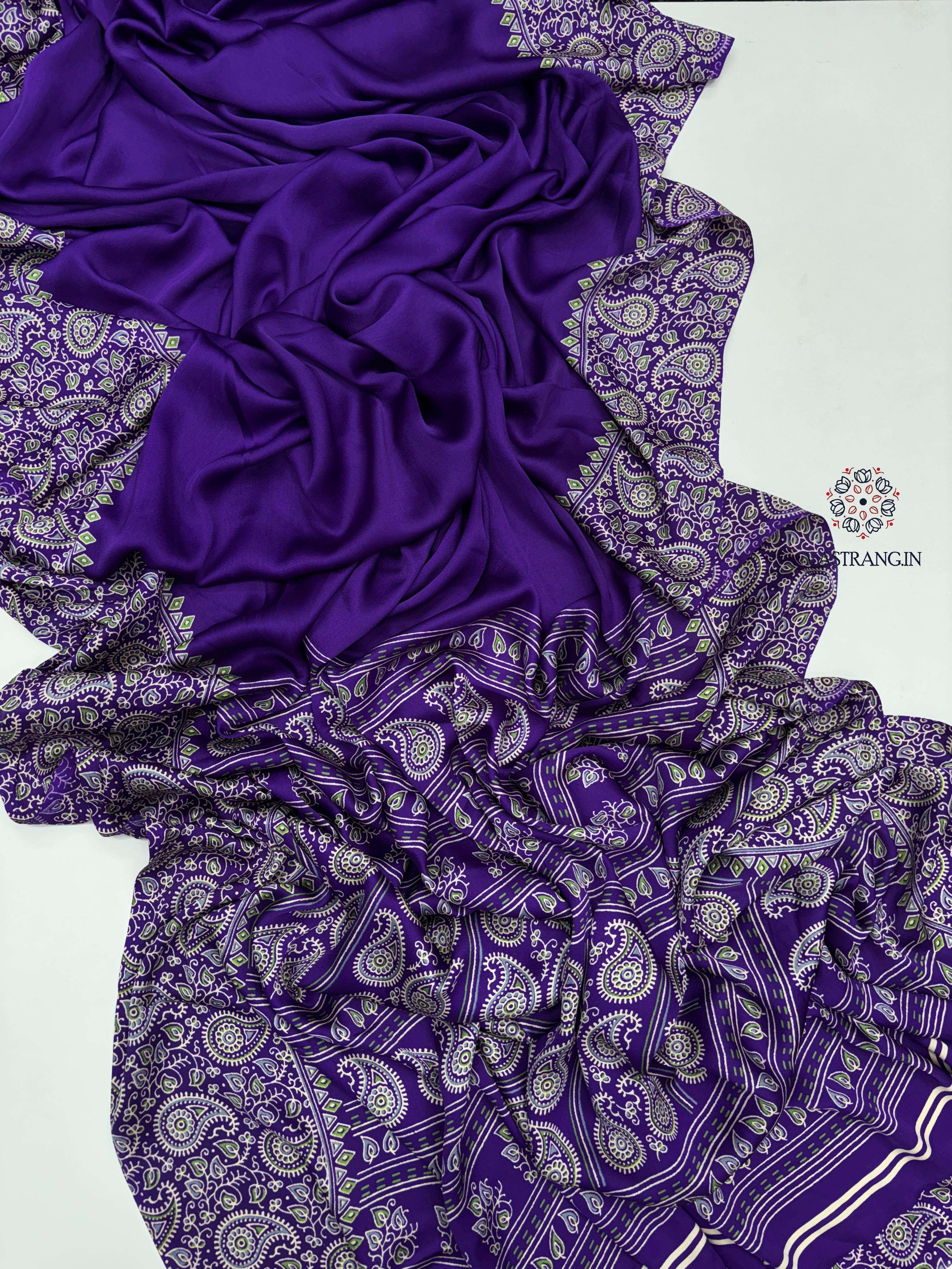 New Function Wear Purple Color Pure Satin Silk Ajrak Printed Rich Pallu n Tussles Work Fancy Designer Saree