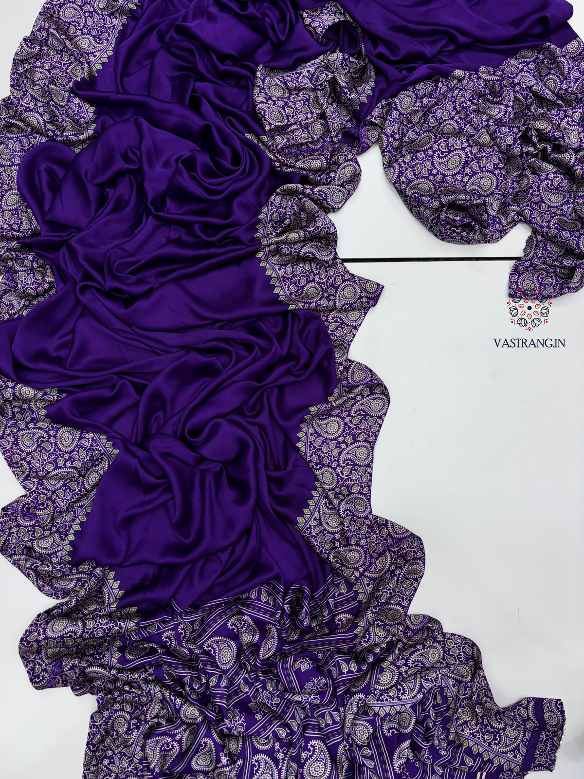 New Function Wear Purple Color Pure Satin Silk Ajrak Printed Rich Pallu n Tussles Work Fancy Designer Saree