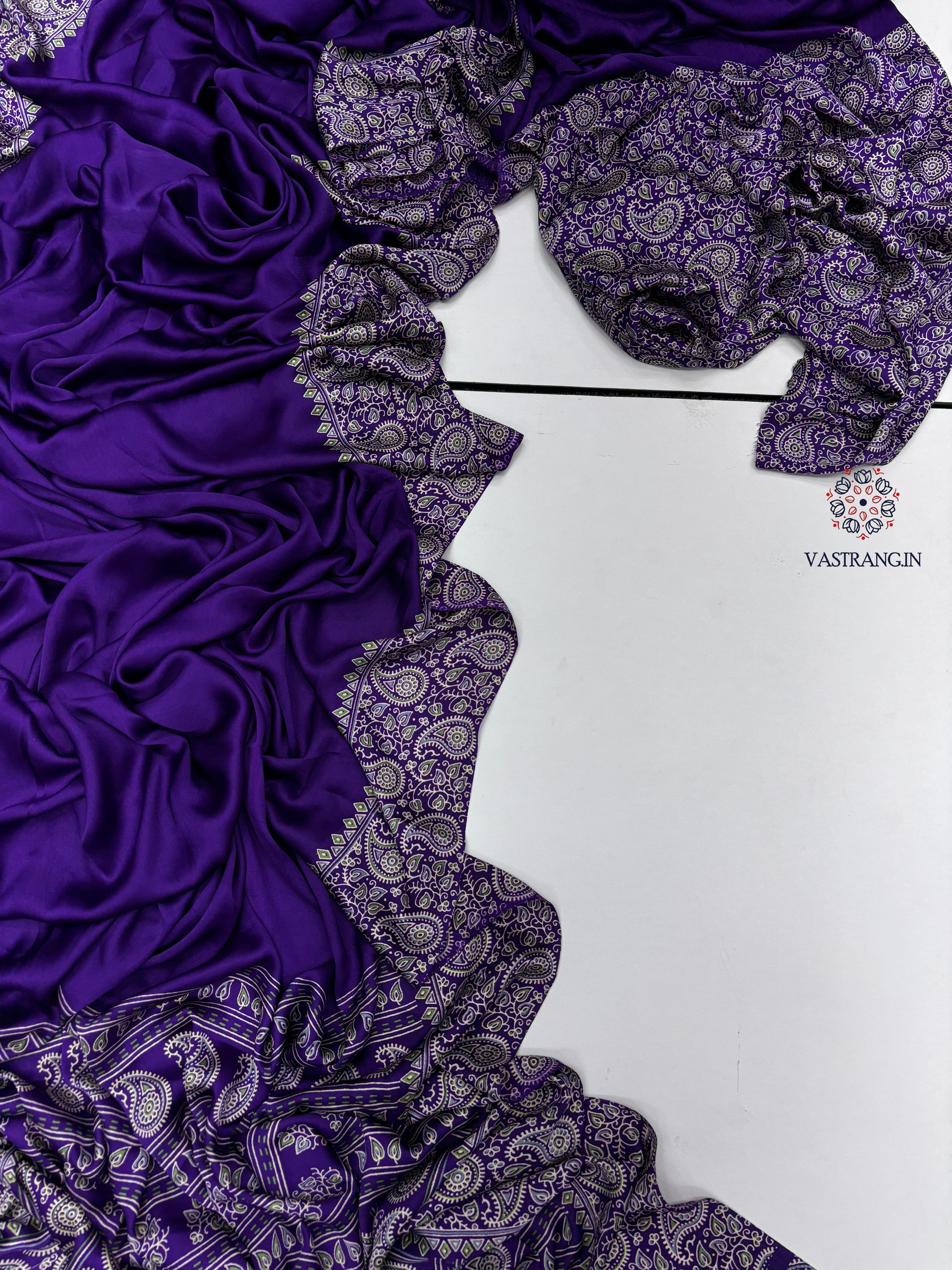 New Function Wear Purple Color Pure Satin Silk Ajrak Printed Rich Pallu n Tussles Work Fancy Designer Saree