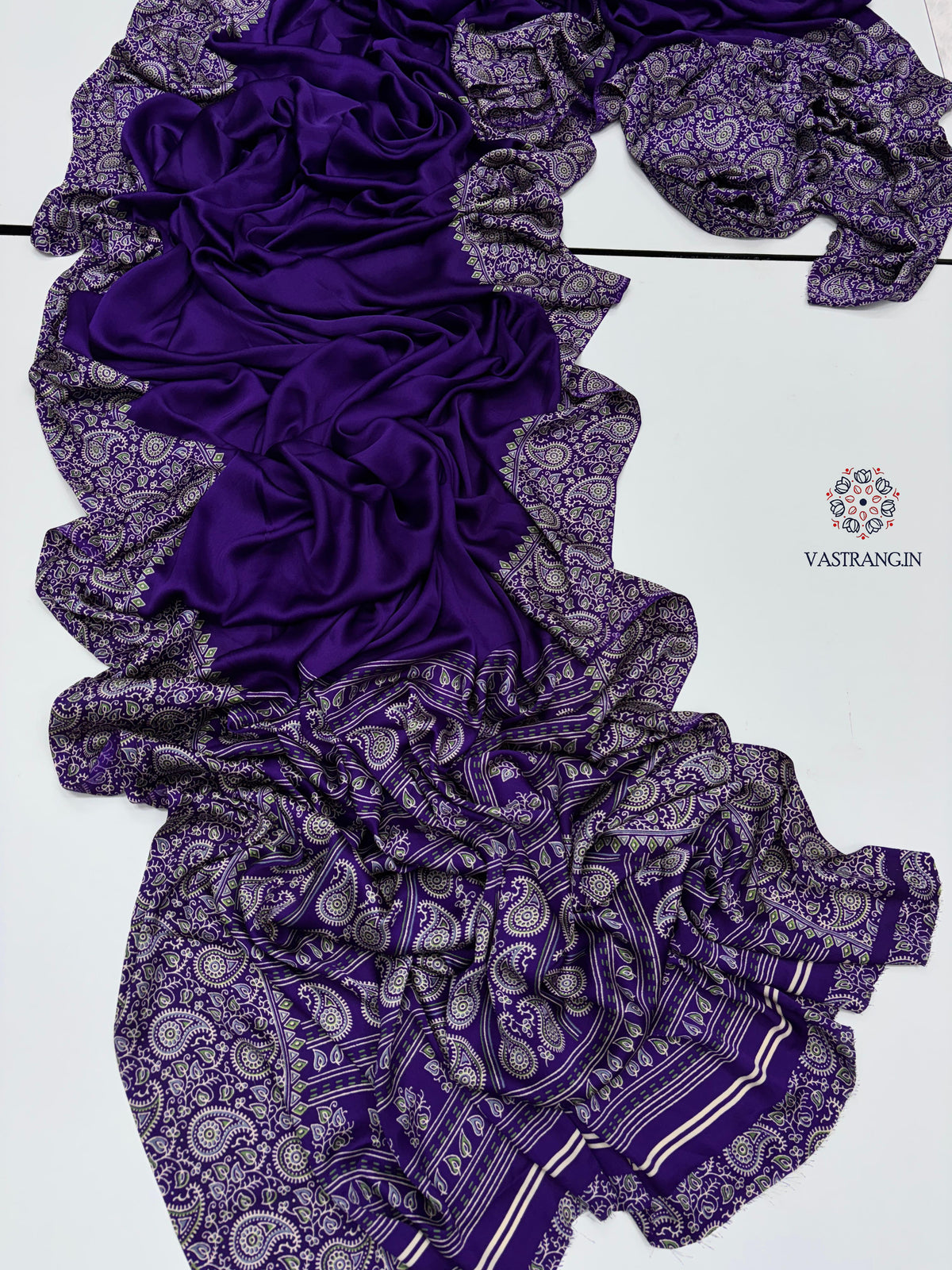 New Function Wear Purple Color Pure Satin Silk Ajrak Printed Rich Pallu n Tussles Work Fancy Designer Saree