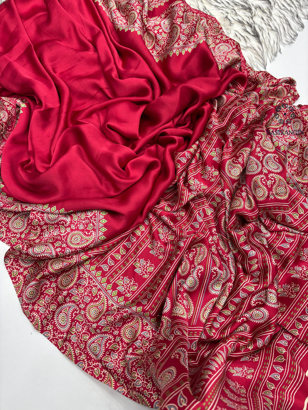 New Function Wear Red Color Pure Satin Silk Ajrak Printed Rich Pallu n Tussles Work Fancy Designer Saree