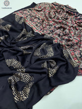 Load image into Gallery viewer, New Wedding Wear Pure Satin Silk Ajrak Printed Rich Pallu n Tussles Work Fancy Designer Saree
