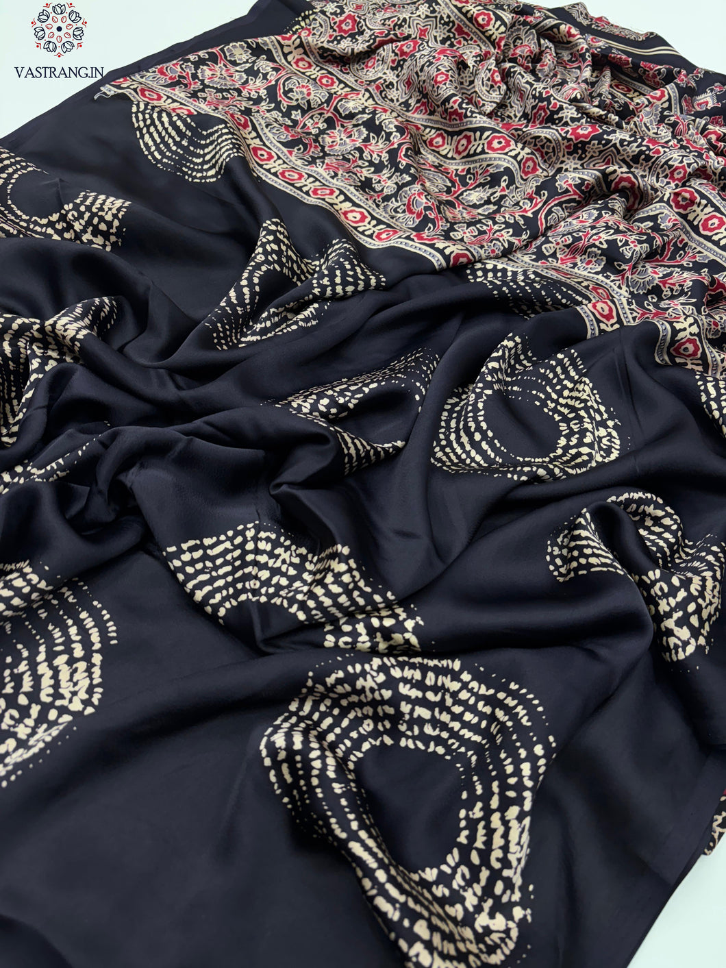 New Wedding Wear Pure Satin Silk Ajrak Printed Rich Pallu n Tussles Work Fancy Designer Saree