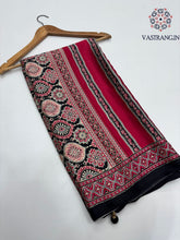 Load image into Gallery viewer, New Wedding Wear Red Color Pure Satin Silk Ajrak Printed Rich Pallu n Tussles Work Fancy Designer Saree
