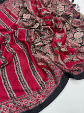 Load image into Gallery viewer, New Wedding Wear Red Color Pure Satin Silk Ajrak Printed Rich Pallu n Tussles Work Fancy Designer Saree
