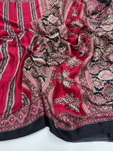 Load image into Gallery viewer, New Wedding Wear Red Color Pure Satin Silk Ajrak Printed Rich Pallu n Tussles Work Fancy Designer Saree
