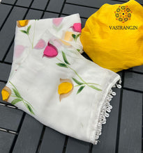 Load image into Gallery viewer, New Partywear White Color Chiffon Handbrush Print With Foil n Moti Lace Work Fancy Designer Saree
