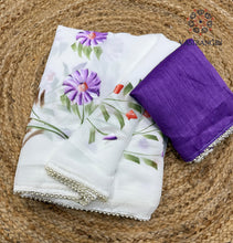 Load image into Gallery viewer, Latest Partywear White Colour Chiffon Handbrush Print with Pearl Border Work Fancy Designer Saree
