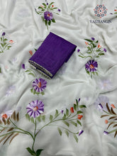 Load image into Gallery viewer, Latest Partywear White Colour Chiffon Handbrush Print with Pearl Border Work Fancy Designer Saree

