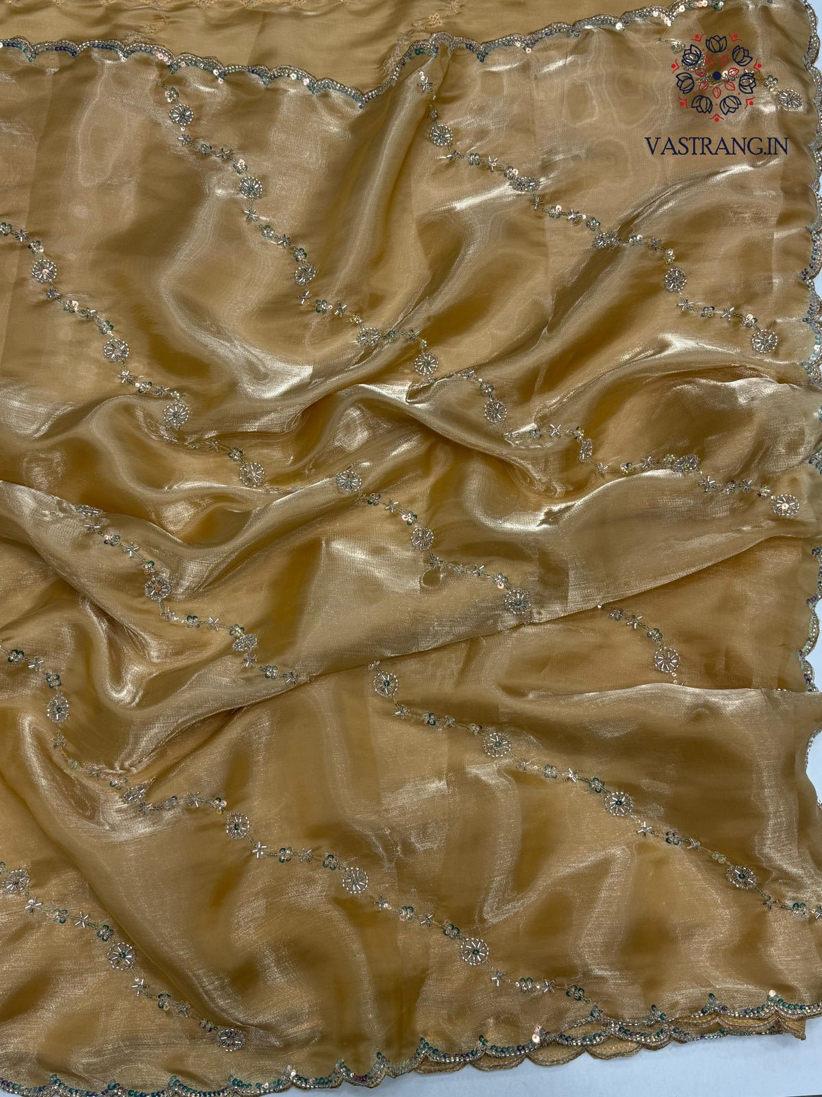 Attractive Golden Colour Partywear Sattin Silk Bits Maggam Cut Work Border Saree For Wedding