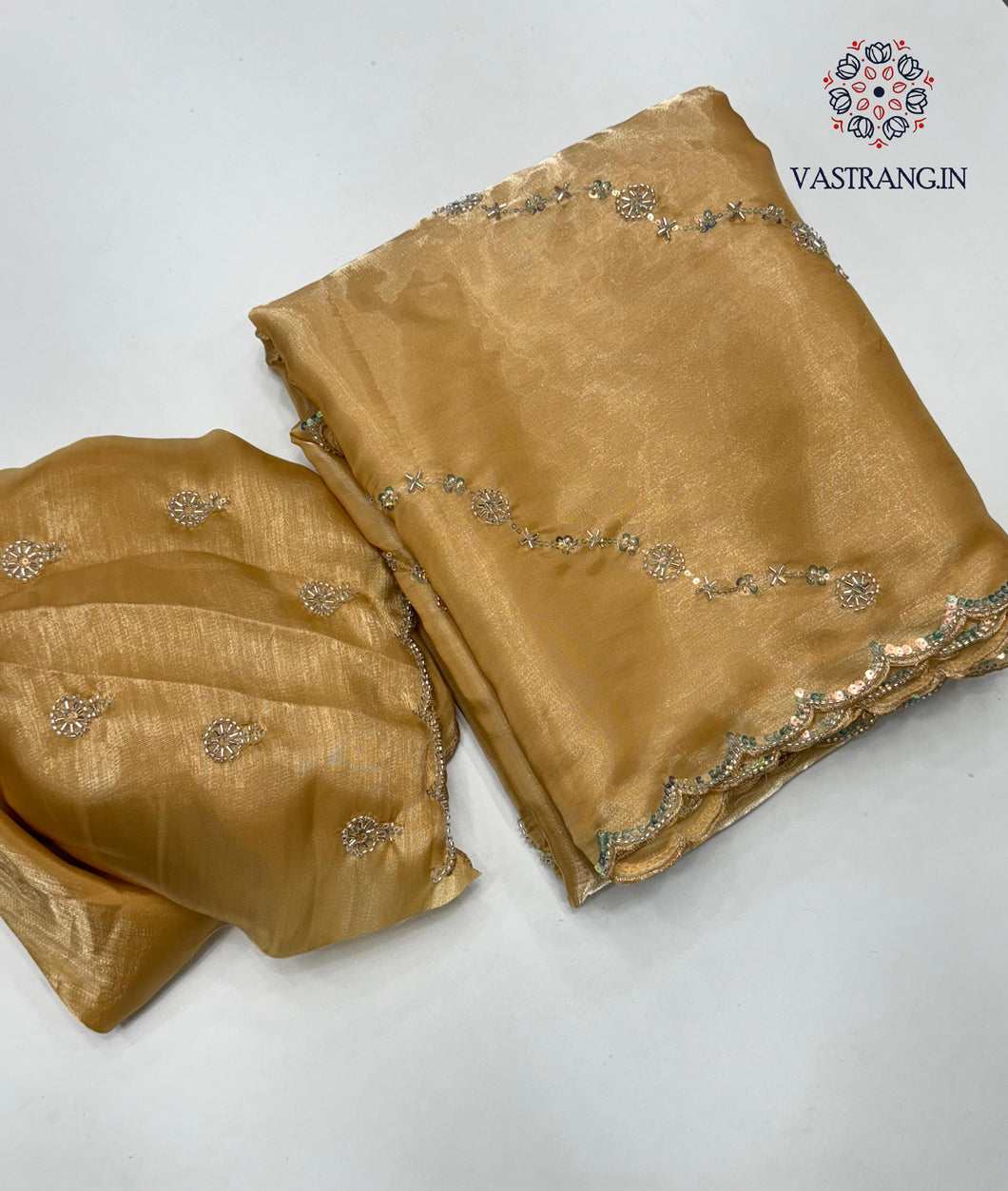 Attractive Golden Colour Partywear Sattin Silk Bits Maggam Cut Work Border Saree For Wedding
