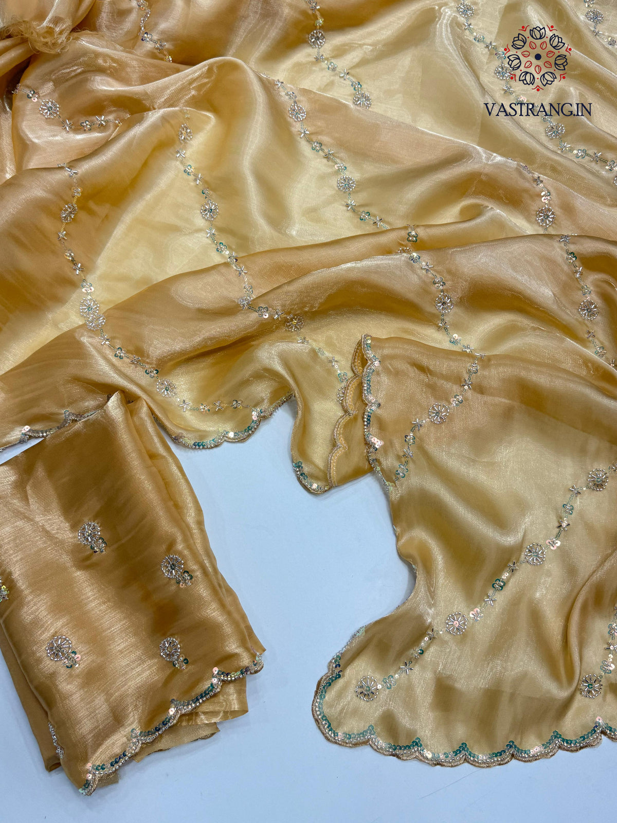 Attractive Golden Colour Partywear Sattin Silk Bits Maggam Cut Work Border Saree For Wedding