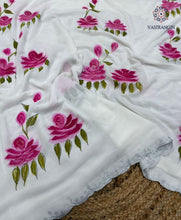 Load image into Gallery viewer, Beautiful Partywear White Colour Soft Georgette Handbrush Print With Siroski Cut Work Fancy Designer Saree
