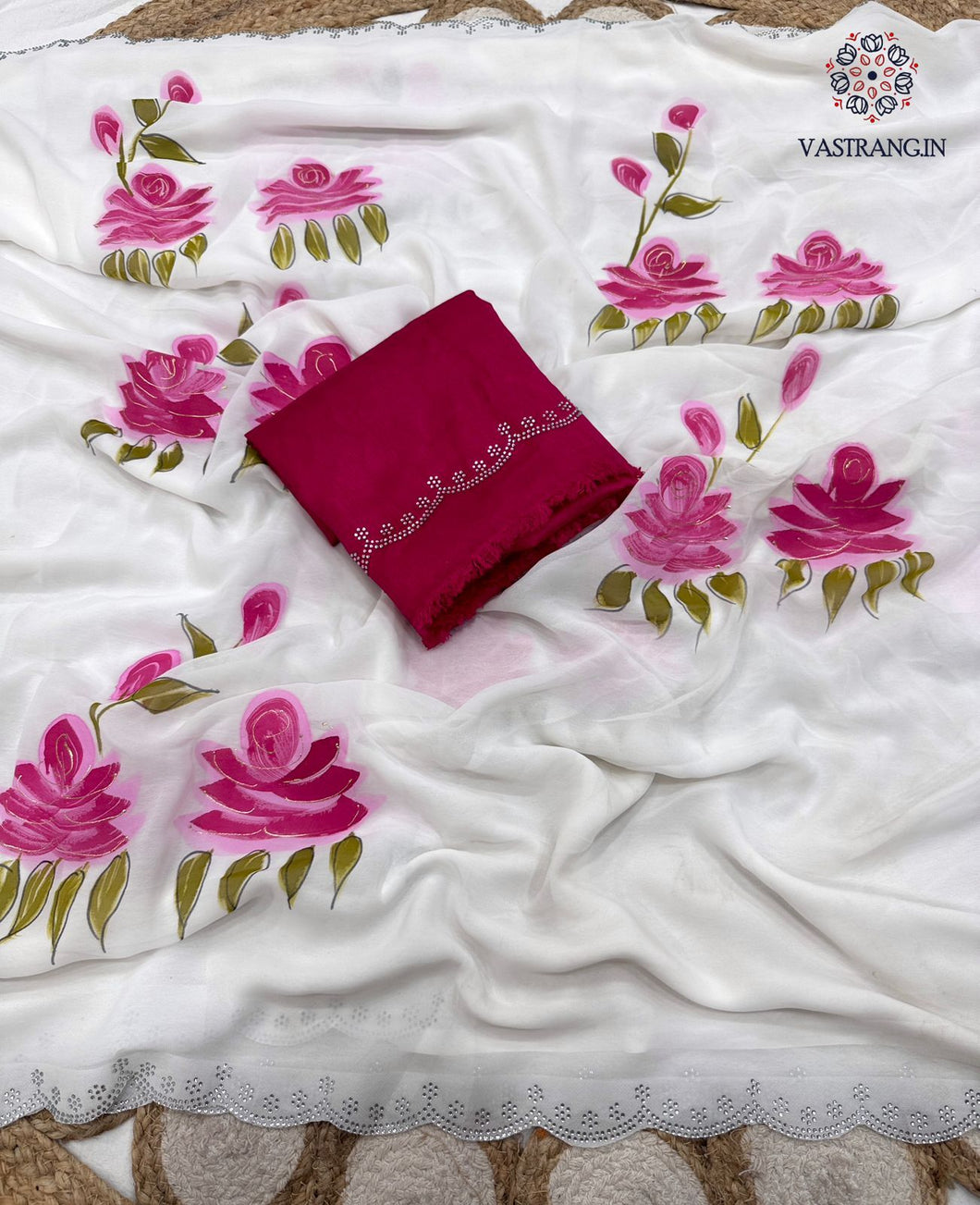 Beautiful Partywear White Colour Soft Georgette Handbrush Print With Siroski Cut Work Fancy Designer Saree
