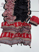Load image into Gallery viewer, New Festive Wear Red n Black Color Pure Satin Silk Ajrak Printed Rich Pallu n Tussles Work Fancy Designer Saree
