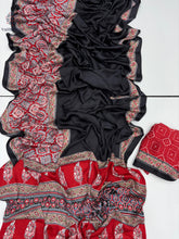 Load image into Gallery viewer, New Festive Wear Red n Black Color Pure Satin Silk Ajrak Printed Rich Pallu n Tussles Work Fancy Designer Saree
