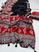Load image into Gallery viewer, New Festive Wear Red n Black Color Pure Satin Silk Ajrak Printed Rich Pallu n Tussles Work Fancy Designer Saree
