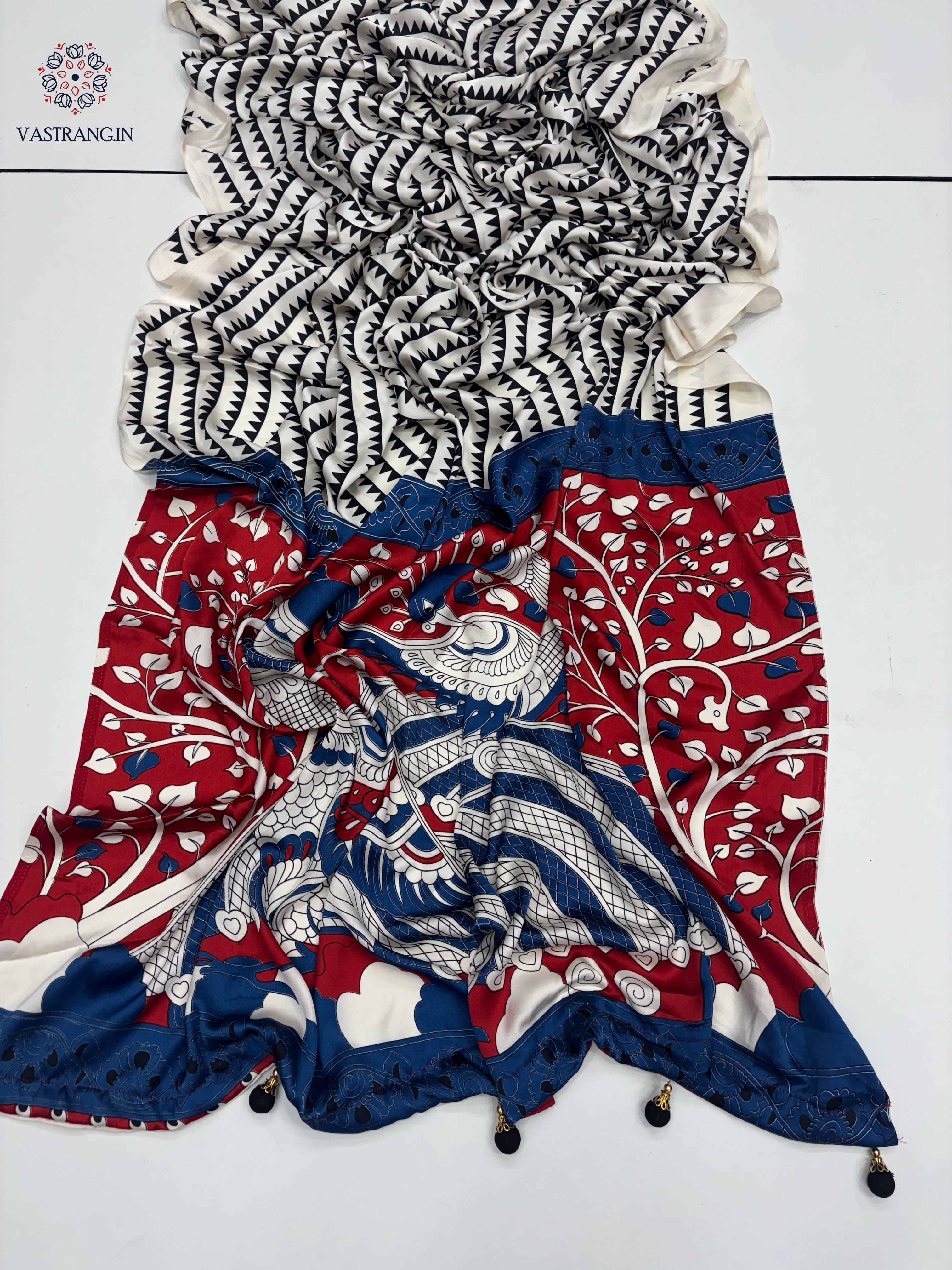 New Function Wear Pure Satin Silk Ajrak Printed Rich Pallu n Tussles Work Fancy Designer Saree