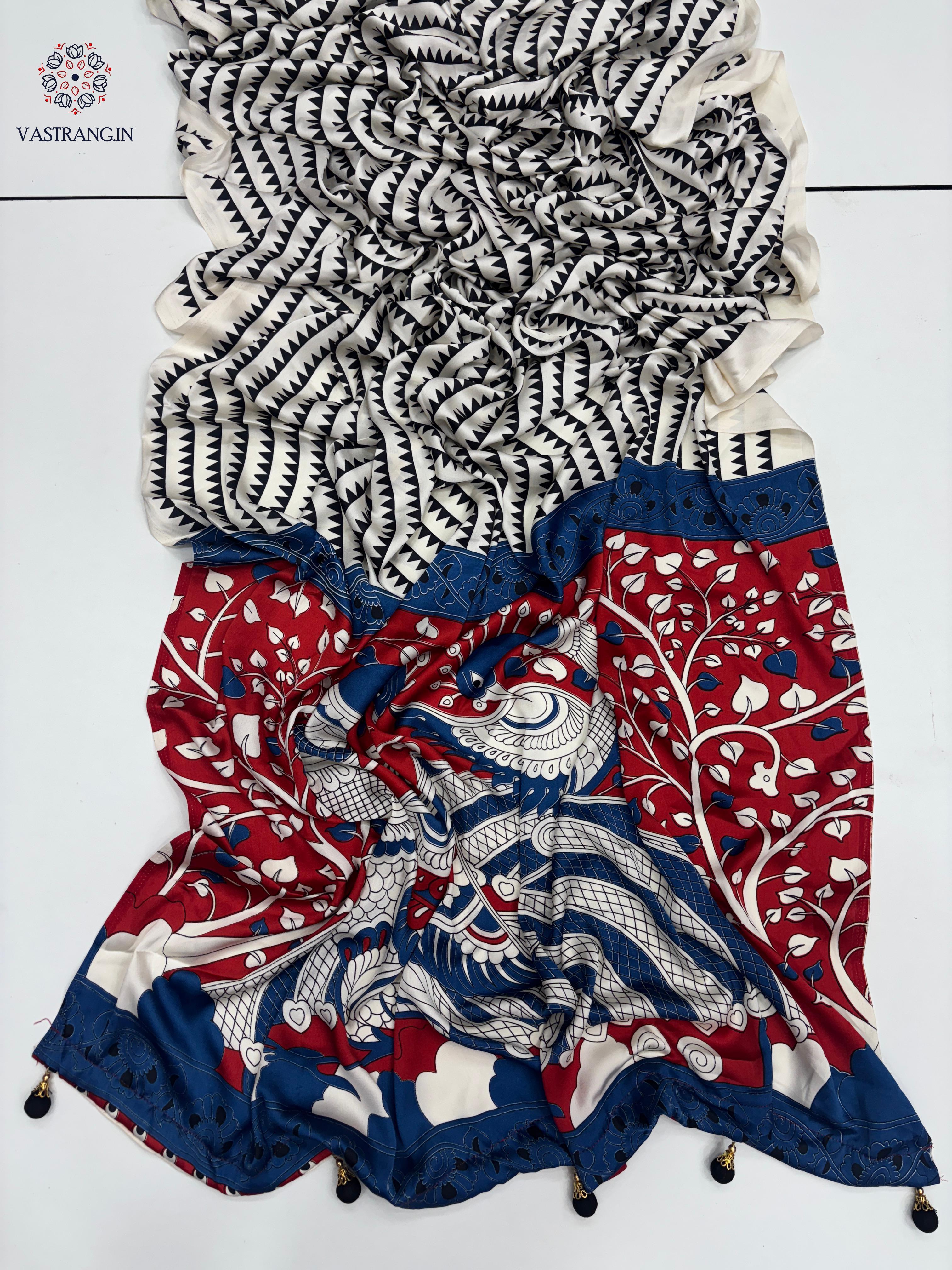 New Function Wear Pure Satin Silk Ajrak Printed Rich Pallu n Tussles Work Fancy Designer Saree