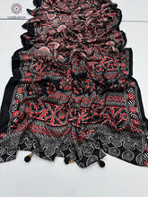 Load image into Gallery viewer, New Festive Wear Black n Red Pure Satin Silk Ajrak Printed Rich Pallu n Tussles Work Fancy Designer Saree
