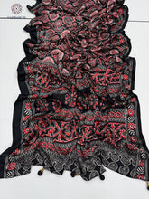 Load image into Gallery viewer, New Festive Wear Black n Red Pure Satin Silk Ajrak Printed Rich Pallu n Tussles Work Fancy Designer Saree
