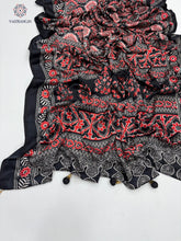 Load image into Gallery viewer, New Festive Wear Black n Red Pure Satin Silk Ajrak Printed Rich Pallu n Tussles Work Fancy Designer Saree
