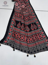 Load image into Gallery viewer, New Festive Wear Black n Red Pure Satin Silk Ajrak Printed Rich Pallu n Tussles Work Fancy Designer Saree
