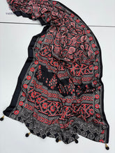 Load image into Gallery viewer, New Festive Wear Black n Red Pure Satin Silk Ajrak Printed Rich Pallu n Tussles Work Fancy Designer Saree
