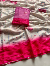 Load image into Gallery viewer, New Function Wear Cotton Linen Fabric Print n Hand Katha Thread With Mirror Work Fancy Designer Saree
