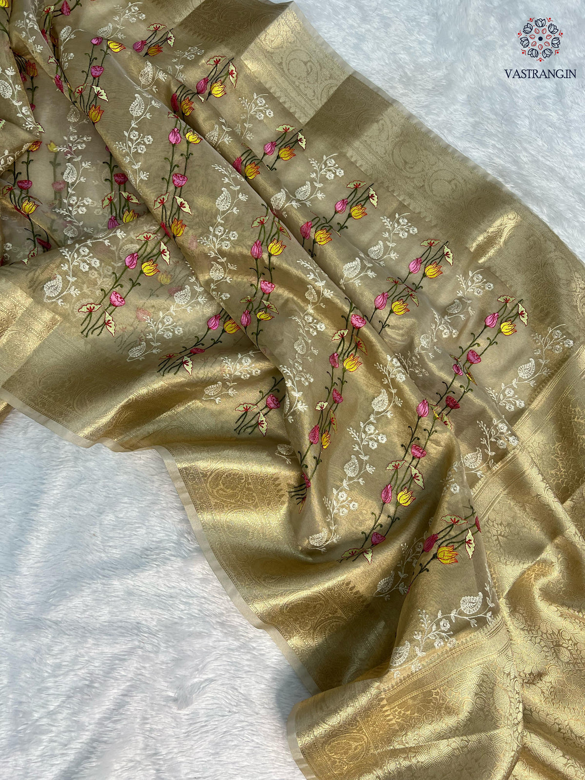 New Wedding wear Golden Color Banarasi TIssue Silk Emboidery Work Fancy Designer Saree With Blouse