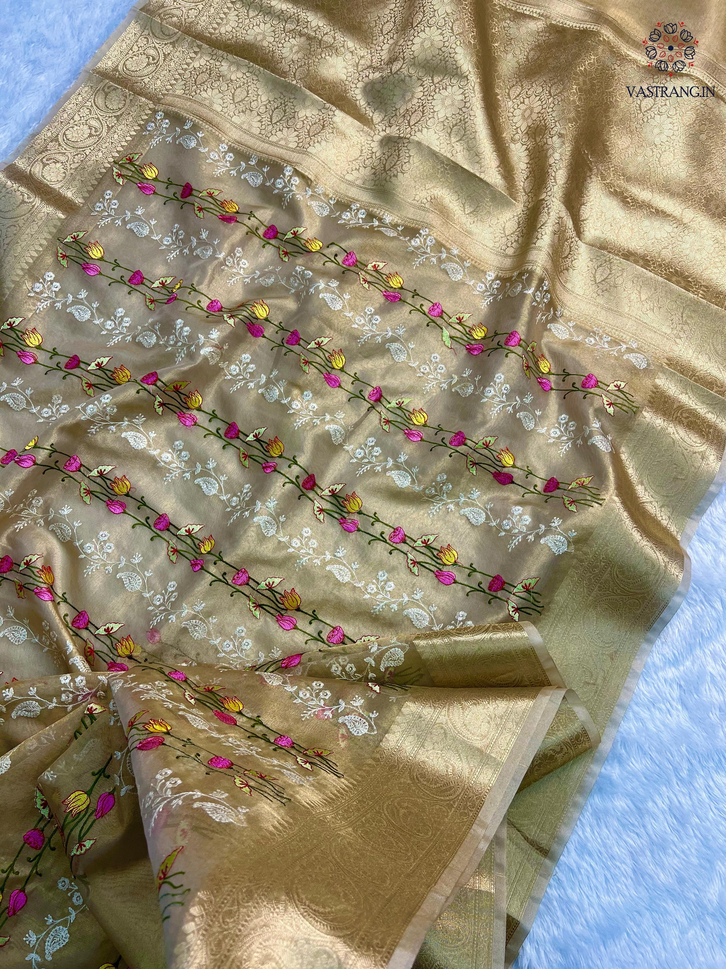 New Wedding wear Golden Color Banarasi TIssue Silk Emboidery Work Fancy Designer Saree With Blouse