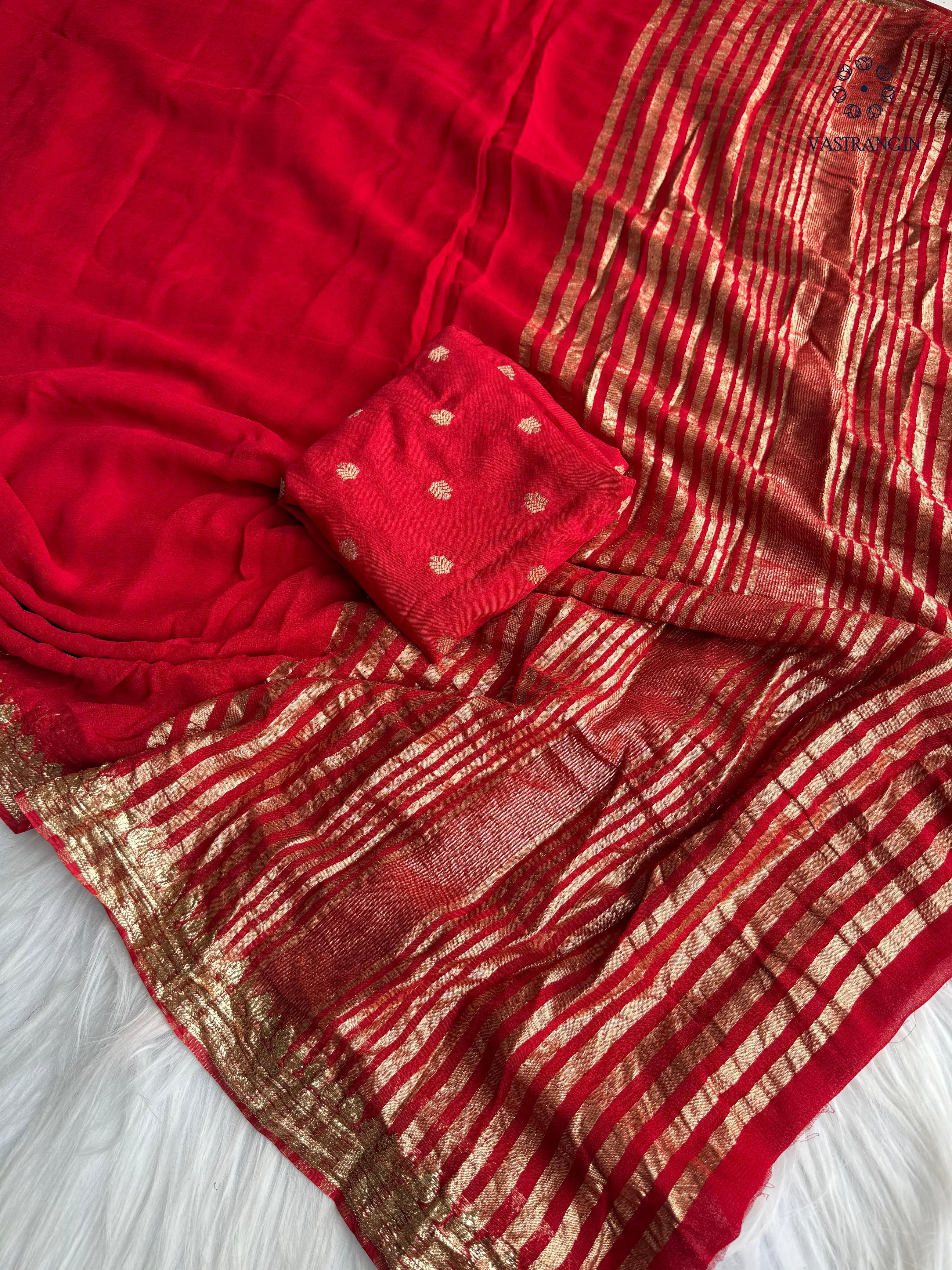 Latest Wedding Wear Pure Viscose Georgette Jacquard Weaving Work Fancy Designer Saree With Blouse