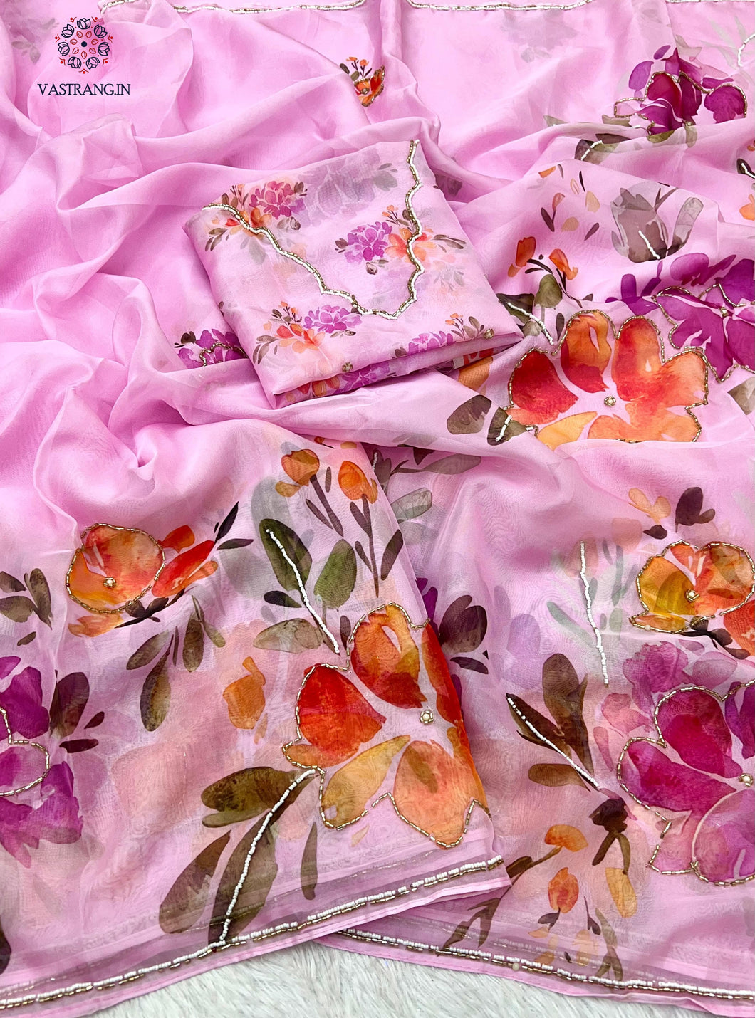 New Pink Color Pure Tebby Silk Print n Hand Work Fancy Designer Wedding Wear Saree With Blouse