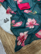 Load image into Gallery viewer, New Beautiful Soft Tebby Silk Print n Handwork Partywear Fancy Designer Saree With Blouse
