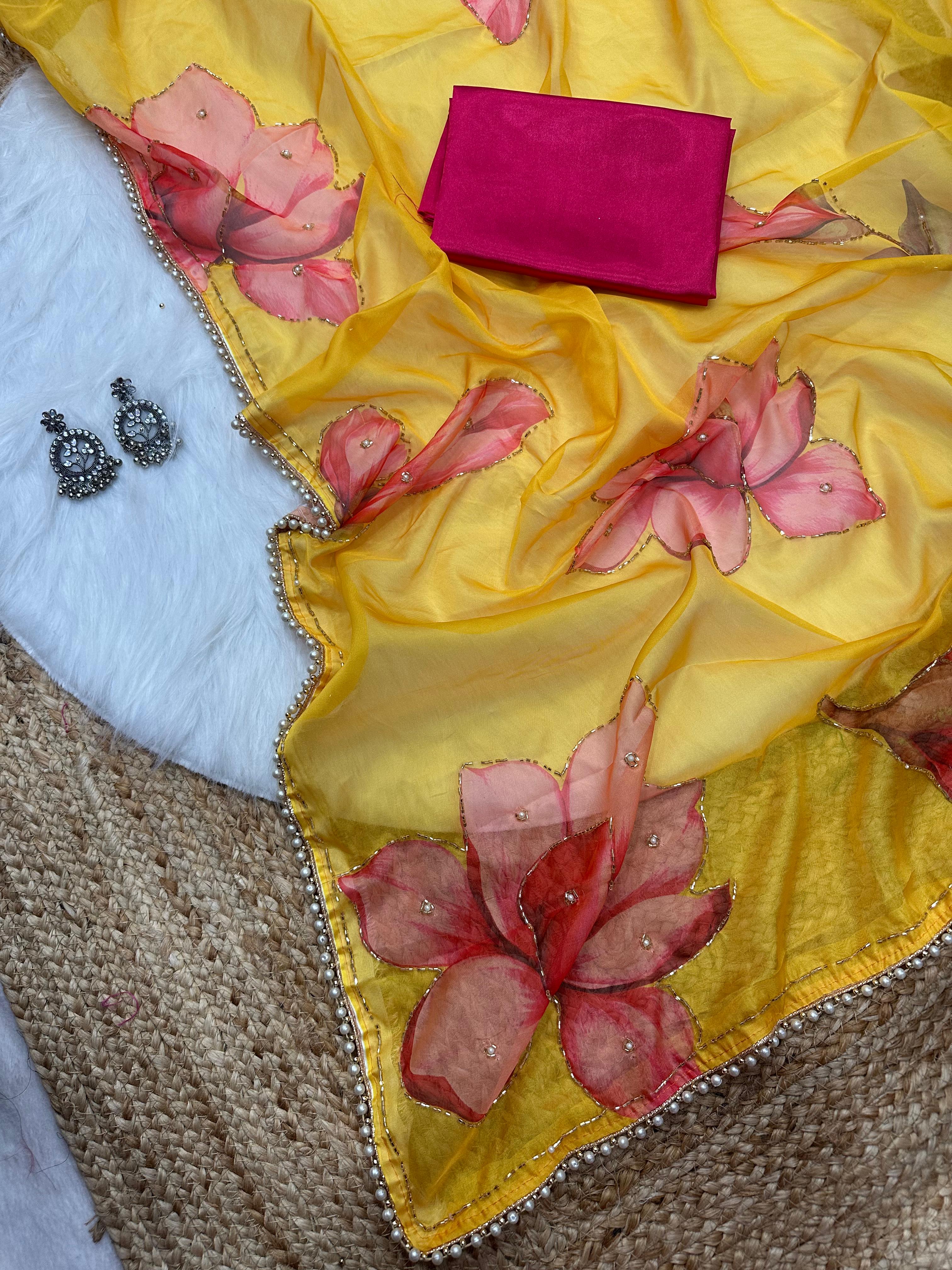 New Beautiful Soft Silk Print n Handwork Partywear Fancy Designer Saree With Blouse