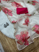 Load image into Gallery viewer, New Beautiful Soft Tebby Silk Print n Handwork Partywear Fancy Designer Saree With Blouse
