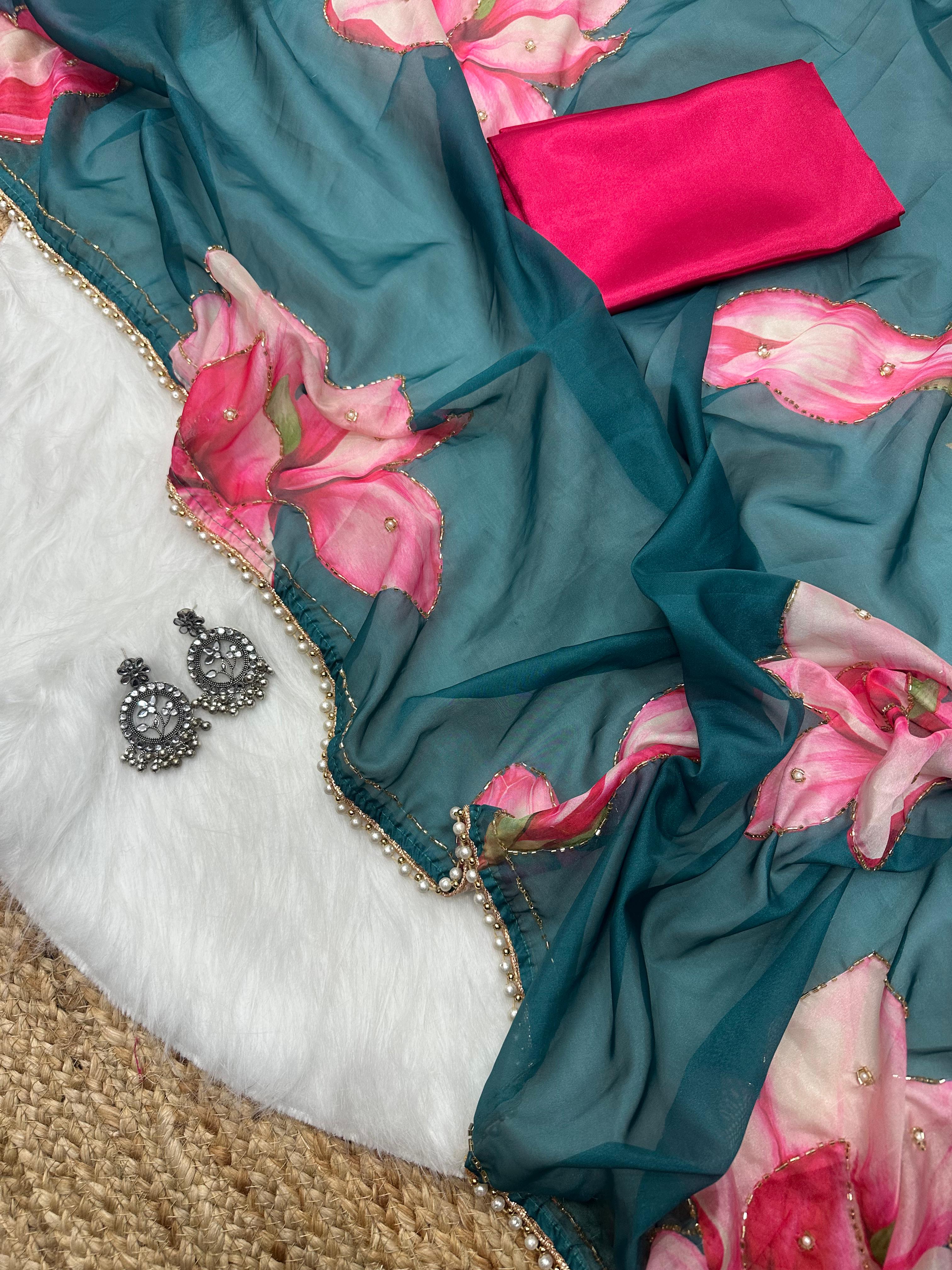 New Beautiful Soft Silk Print n Handwork Partywear Fancy Designer Saree With Blouse