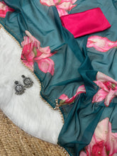 Load image into Gallery viewer, New Beautiful Soft Tebby Silk Print n Handwork Partywear Fancy Designer Saree With Blouse

