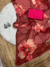 Load image into Gallery viewer, New Beautiful Soft Tebby Silk Print n Handwork Partywear Fancy Designer Saree With Blouse
