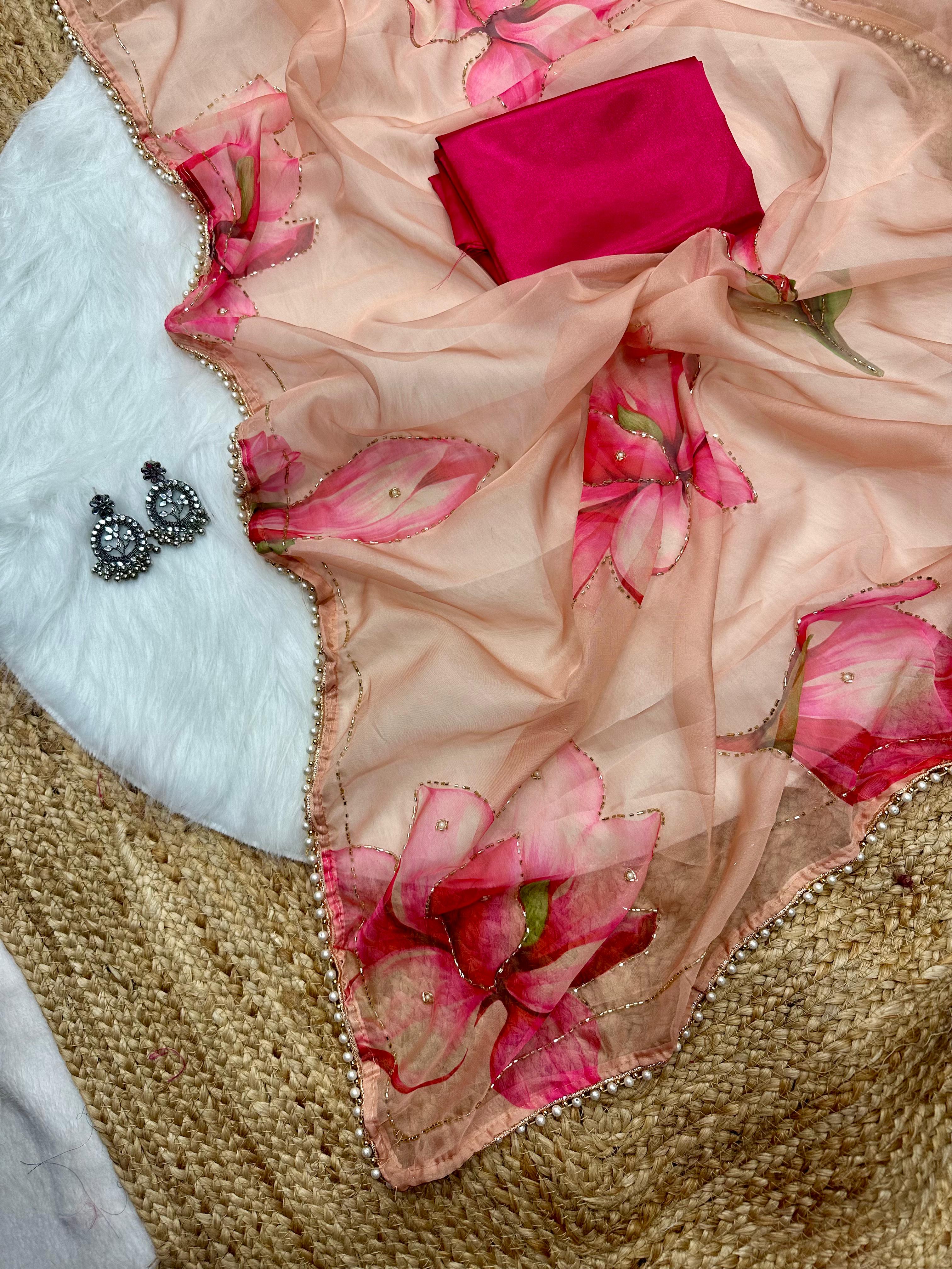 New Beautiful Soft Silk Print n Handwork Partywear Fancy Designer Saree With Blouse