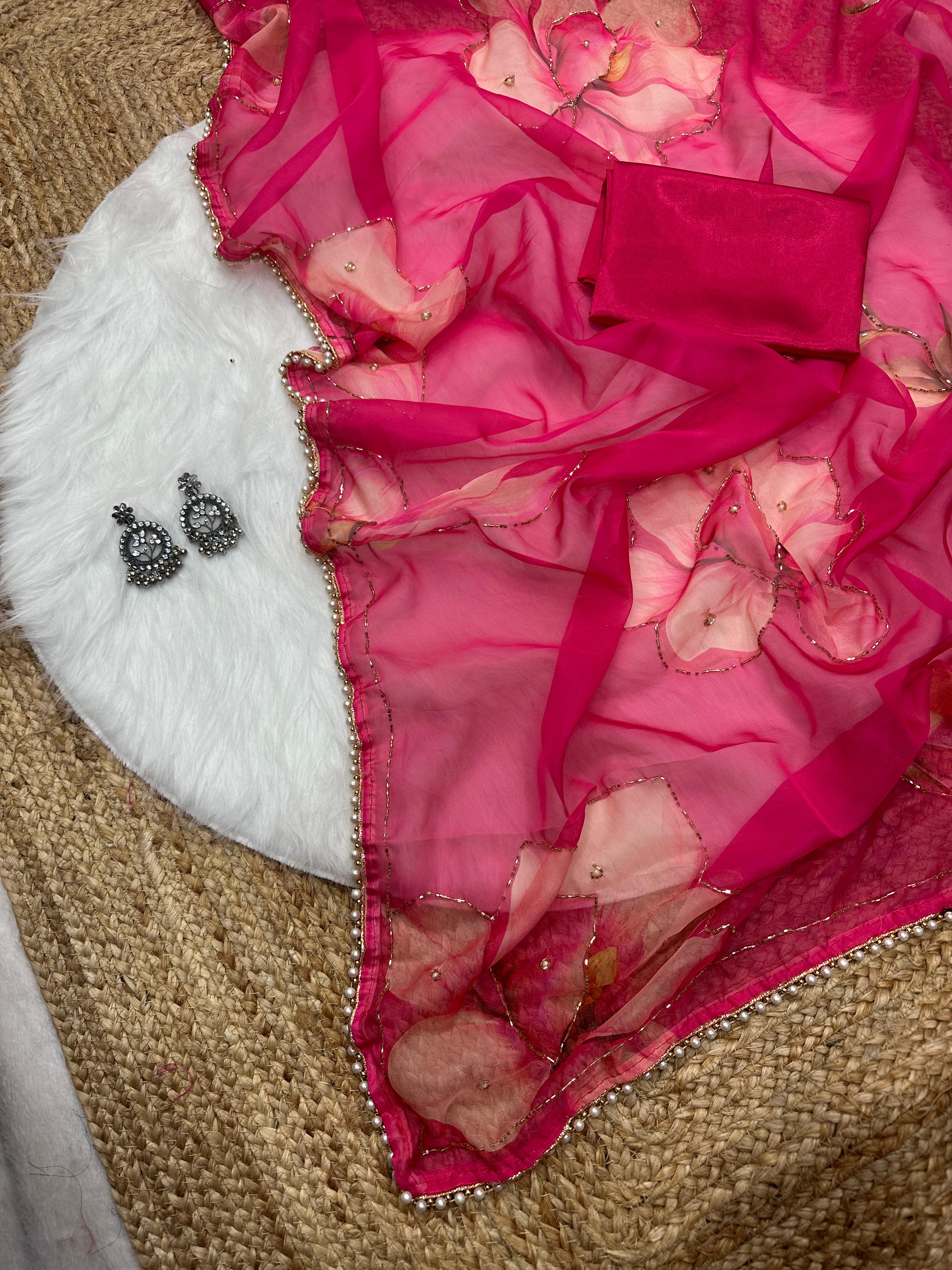 New Beautiful Soft Silk Print n Handwork Partywear Fancy Designer Saree With Blouse