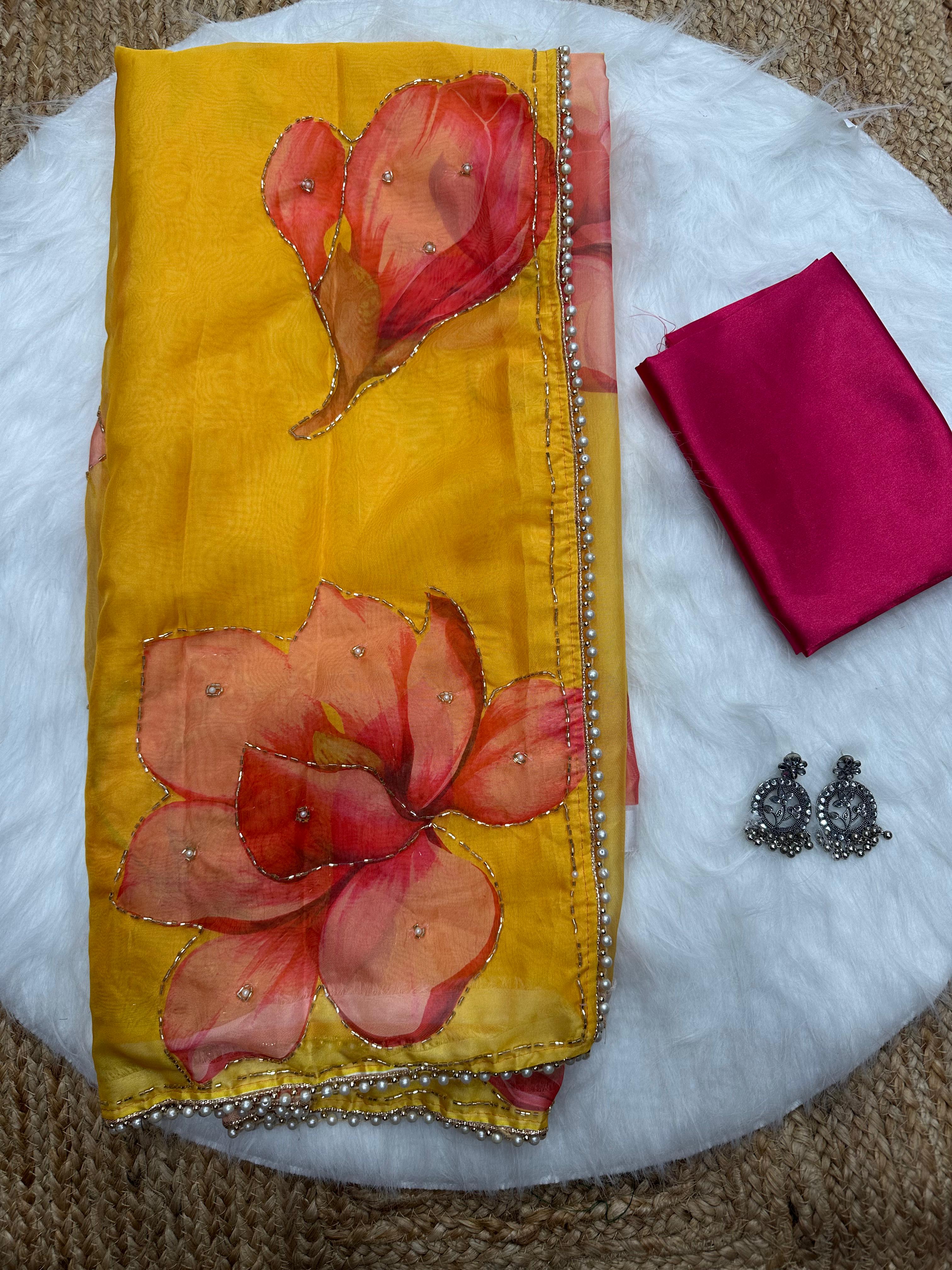 New Beautiful Soft Silk Print n Handwork Partywear Fancy Designer Saree With Blouse